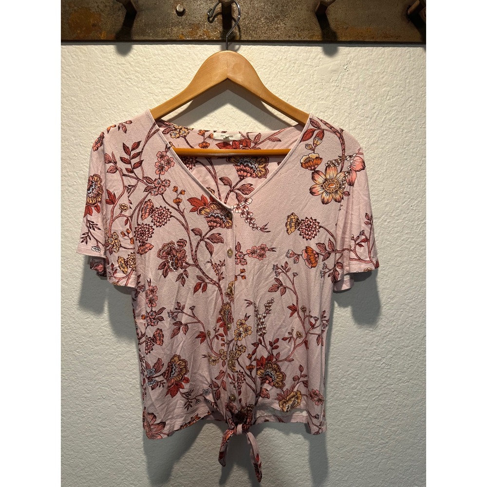 Maurices Pink Floral Button Down Tie Front Flutter Sleeve Top Small - Picture 3 of 13